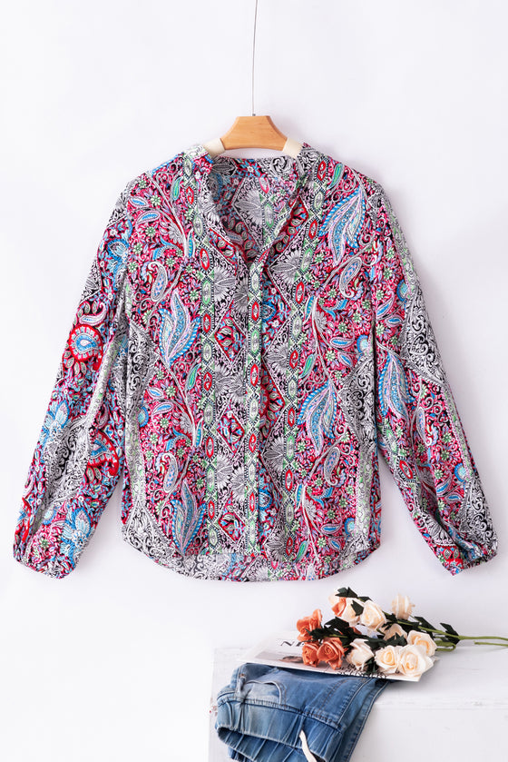 Vintage Boho Paisley Print Notched Neck Blouse