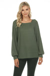 GREEN SCOOP NECK PUFF SLEEVE WAFFLE KNIT TOP