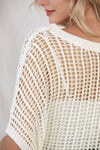 WHIT FISHNET KNIT RIBBED ROUND NECK SHORT SLEEVE SWEATER TEE