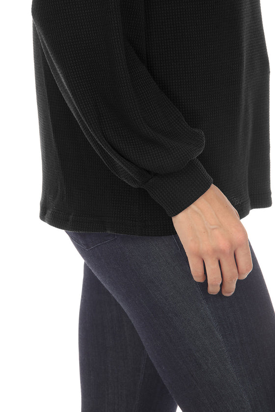 BLACK SCOOP NECK PUFF SLEEVE WAFFLE KNIT TOP
