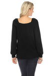 BLACK SCOOP NECK PUFF SLEEVE WAFFLE KNIT TOP