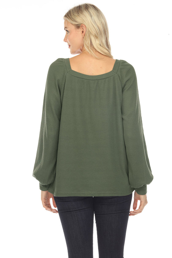 GREEN SCOOP NECK PUFF SLEEVE WAFFLE KNIT TOP