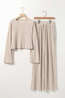  Ribbed Knit Bell Sleeve Crop Top Drawstring Pants Set