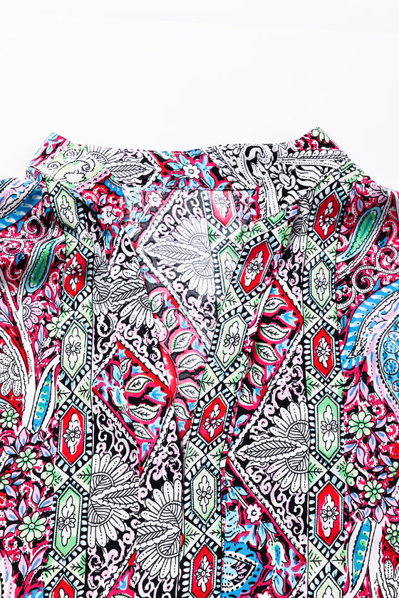 Vintage Boho Paisley Print Notched Neck Blouse