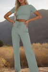 Solid Color Short Sleeve Crop Top and Pants Set