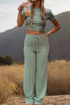 Solid Color Short Sleeve Crop Top and Pants Set
