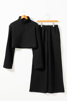  Zipped Collared Crop Top and Wide Leg Pants Set