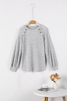  Contrast Lace Raglan Sleeve Buttoned Ribbed Top