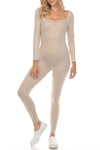 BEIGE RUCHED SQUARE NECK LONG SLEEVE SPORTS JUMPSUIT
