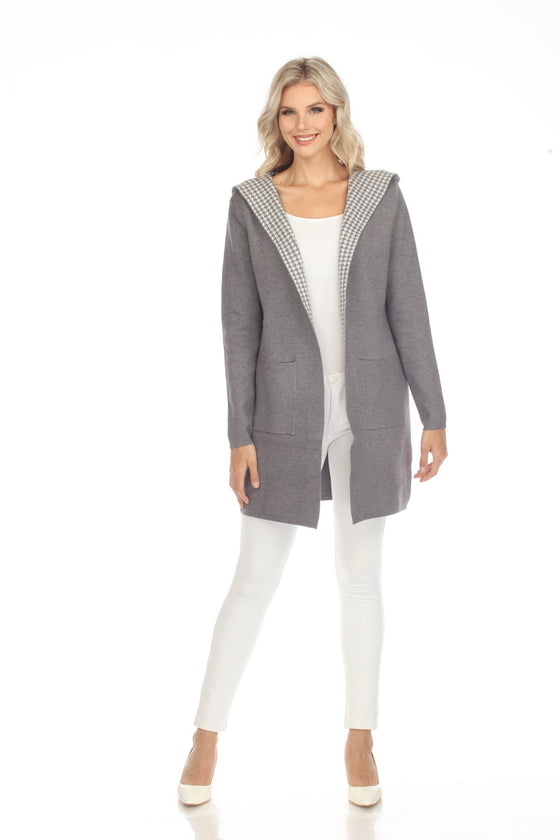 Long Hooded Pocket Sweater w/ Printed Lining (3059_GREY/CREAM)