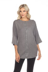 Half Sleeve Zip-Front Rhinestone Trim Sweater (3072_GREY)