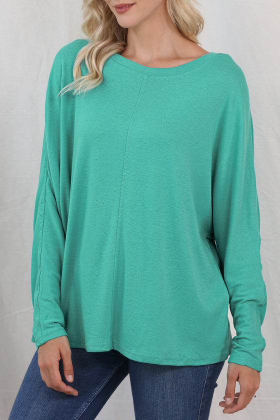 GREEN SOLID COLOR PATCHWORK LONG SLEEVE TOP