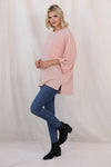 PINK RIBBED ROLL-TAB SLEEVE CHEST POCKET OVERSIZE TOP