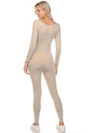 BEIGE RUCHED SQUARE NECK LONG SLEEVE SPORTS JUMPSUIT