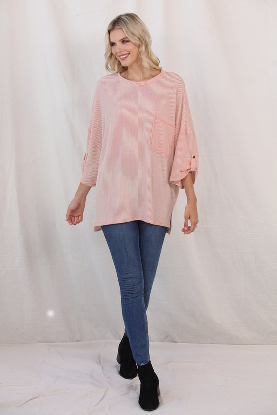 PINK RIBBED ROLL-TAB SLEEVE CHEST POCKET OVERSIZE TOP