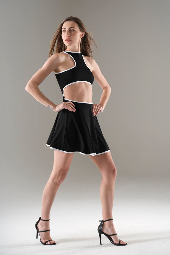 Black Nylon Cut-Out Contrast Trim Tennis Dress (LA-TD001_BLK/WHT)