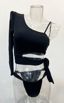  Black One Sleeve Asymmetrical Cut-Out Bathing Suit (HT8012_BLACK)