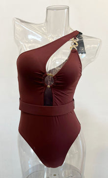  Chocolate Asymmetrical Cut-Out Belted Bathing Suit (HT8047_CHOCOLATE)