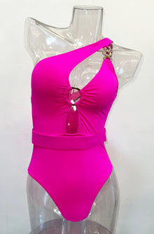  Pink Asymmetrical Cut-Out Belted Bathing Suit (HT8047_PINK)