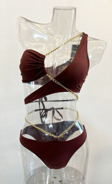  Chocolate Cut-Out Wrap-Around Chain Bathing Suit (HT8048_CHOCOLATE)