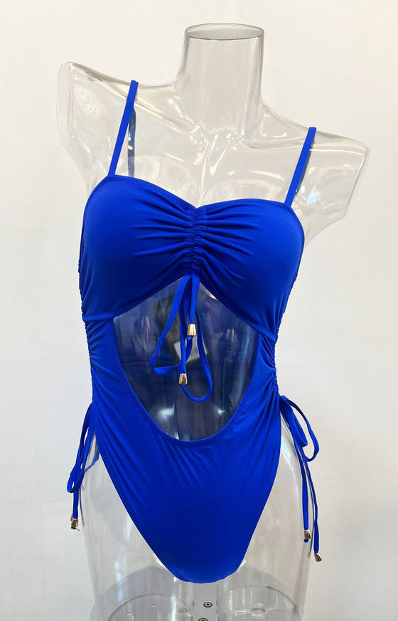 Royal Cut-Out Rouched String Tie Bathing Suit (HT8065_ROYAL)