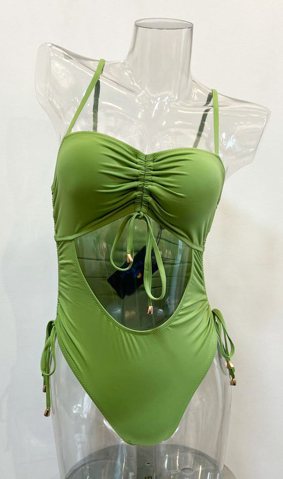 Green Cut-Out Rouched String Tie Bathing Suit (HT8065_GREEN)