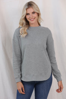  GRAY CREW NECK RIBBED TRIM WAFFLE KNIT TOP
