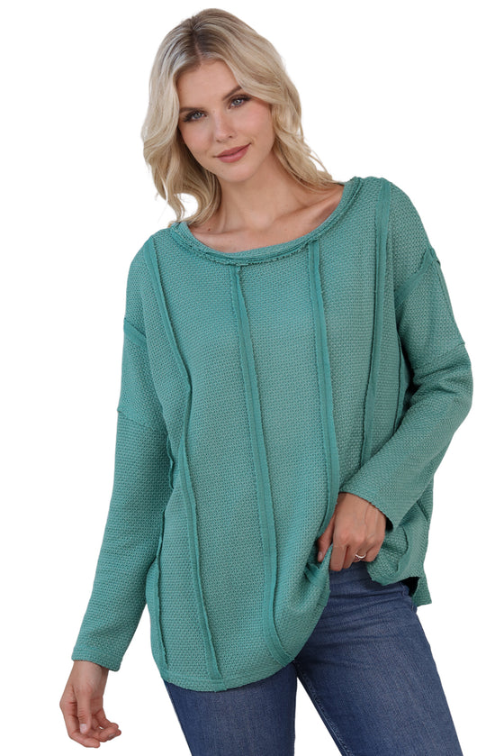 GREEN EXPOSED SEAM WAFFLE KNIT LOOSE TOP