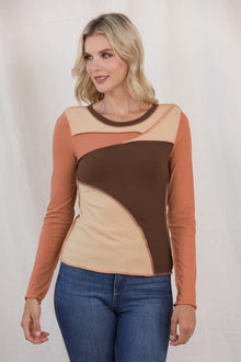  BROWN EXPOSE SEAM COLOR BLOCK RIBBED KNIT TOP