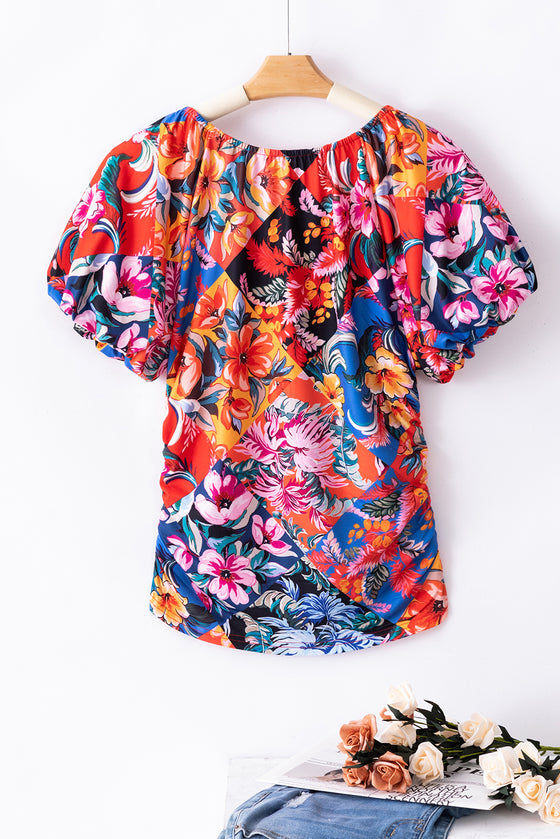 Floral Print Puff Sleeve Ruched V Neck Blouse