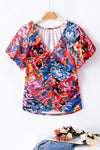 Floral Print Puff Sleeve Ruched V Neck Blouse