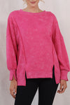 ROSE ACID WASH RELAXED FIT SEAMED PULLOVER SWEATSHIRT WITH SLITS