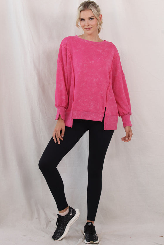 ROSE ACID WASH RELAXED FIT SEAMED PULLOVER SWEATSHIRT WITH SLITS