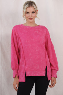  ROSE ACID WASH RELAXED FIT SEAMED PULLOVER SWEATSHIRT WITH SLITS