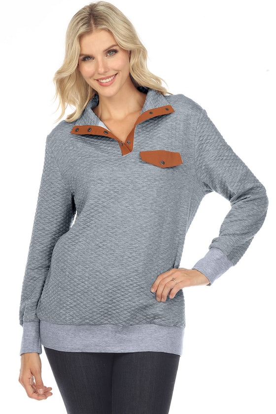 GRAY QUILTED SNAPS STAND NECK PULLOVER SWEATSHIRT WITH FAKE FRONT POCKET