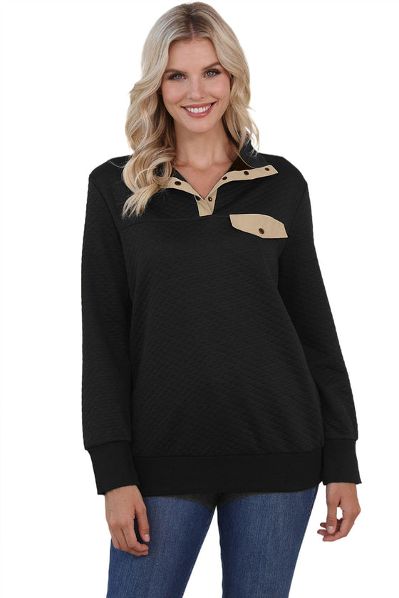 BLACK QUILTED SNAPS STAND NECK SWEATSHIRT WITH FAKE FRONT POCKET