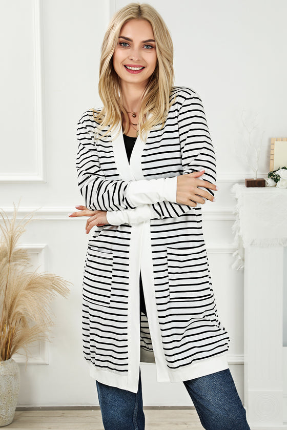 WHITE STRIPED SIDE POCKETS OPEN FRONT CARDIGAN