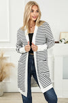 WHITE STRIPED SIDE POCKETS OPEN FRONT CARDIGAN