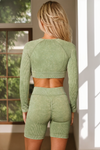 Grass Green Ribbed Long Sleeve Crop Top And Shorts Active Set