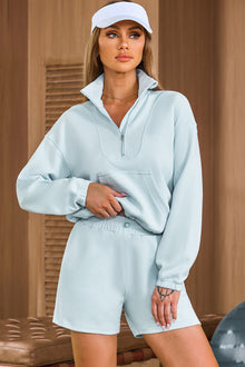  Sky Blue Solid Half Zip Pocketed Sweatshirt And Shorts Sports Set