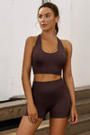 Brown Ribbed Hollow-out Racerback Yoga Camisole
