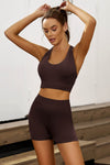 Brown Ribbed Hollow-out Racerback Yoga Camisole
