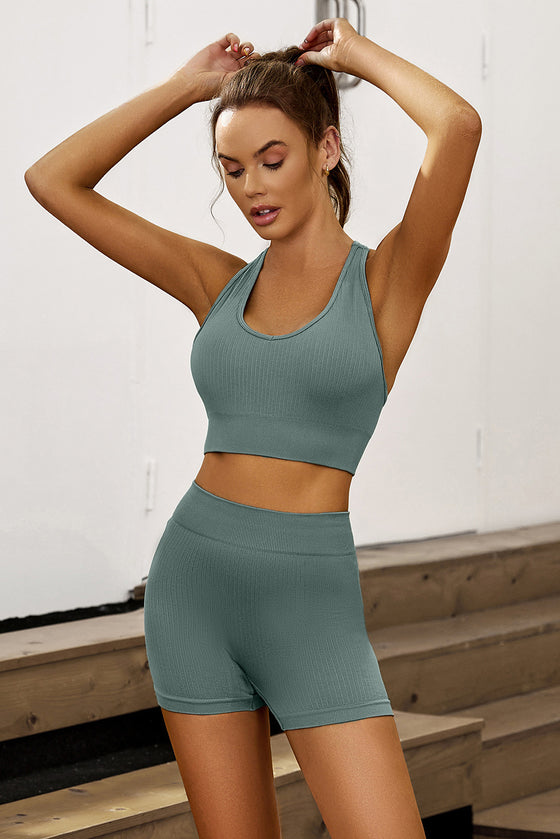 Blue Ribbed Hollow-out Racerback Yoga Camisole