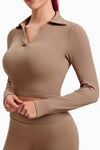 Camel Solid Color Ribbed Long Sleeve Sports Yoga Crop Top