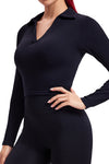 Black Solid Color Ribbed Long Sleeve Sports Yoga Crop Top