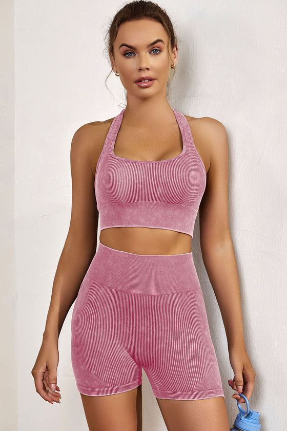 Pink Seamless Ribbed Knit Butt Lifter Yoga Shorts