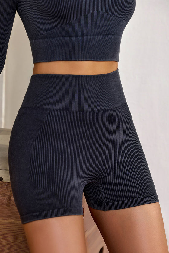 Black Seamless Ribbed Knit Butt Lifter Yoga Shorts