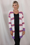 BEIGE STRIPED LONG SLEEVE RIBBED TRIM BUTTON CARDIGAN