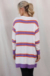 BEIGE STRIPED LONG SLEEVE RIBBED TRIM BUTTON CARDIGAN