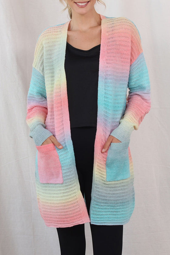 GREEN GRADIENT KNIT OPEN CARDIGAN WITH POCKETS